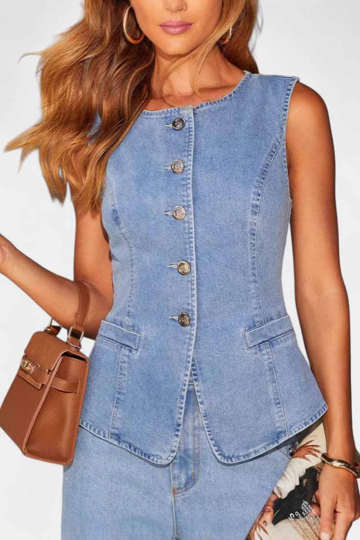 Ludovica Conjunto de Denim con Chaleco Ajustado y Jeans de Pierna Ancha
