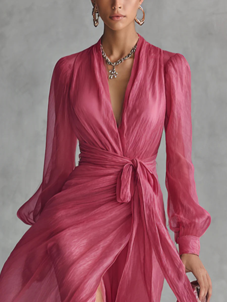 Beatrice™ | Elegante vestido largo de chiffon con escote en V y lazo en la cintura