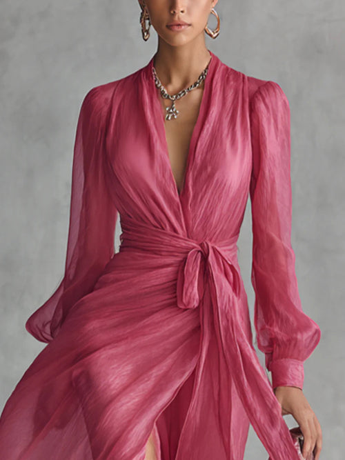 Beatrice™ | Elegante vestido largo de chiffon con escote en V y lazo en la cintura