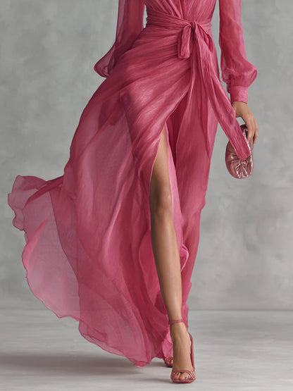 Beatrice™ | Elegante vestido largo de chiffon con escote en V y lazo en la cintura