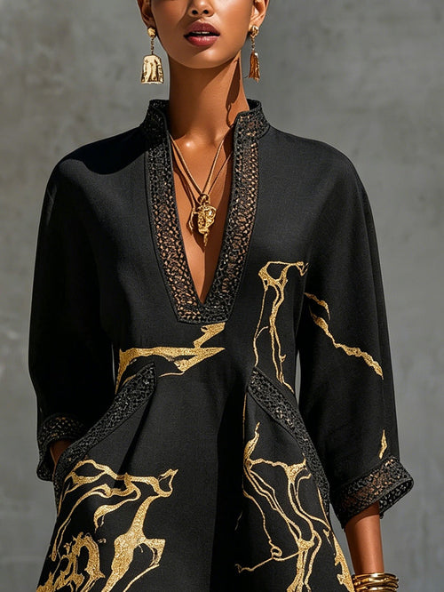 Donatella | Vestido mini negro con estampado de mármol dorado y encaje crochet