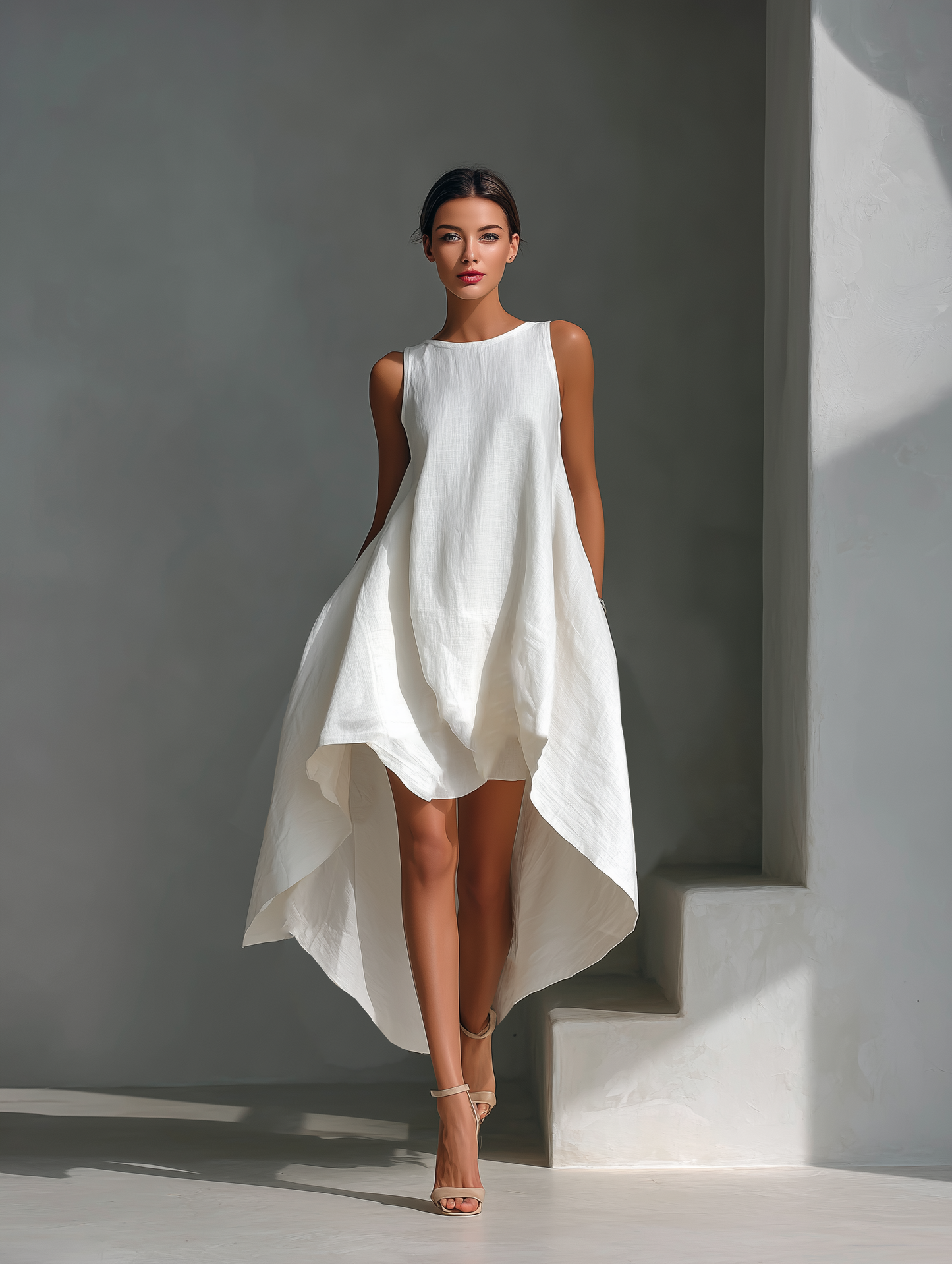 Elena | Vestido midi de lino blanco con corte asimétrico