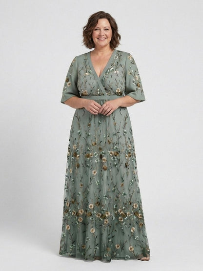 Evadne™ | Vestido maxi floral de manga corta con escote en V