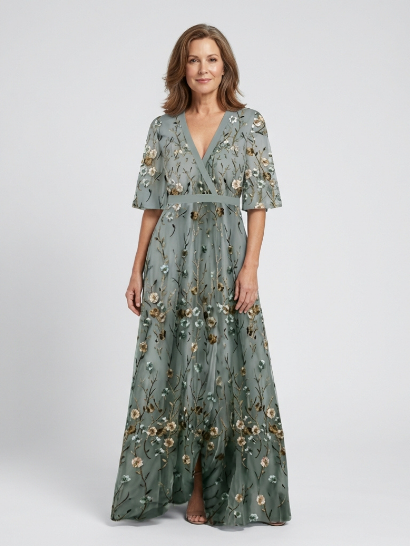 Evadne™ | Vestido maxi floral de manga corta con escote en V