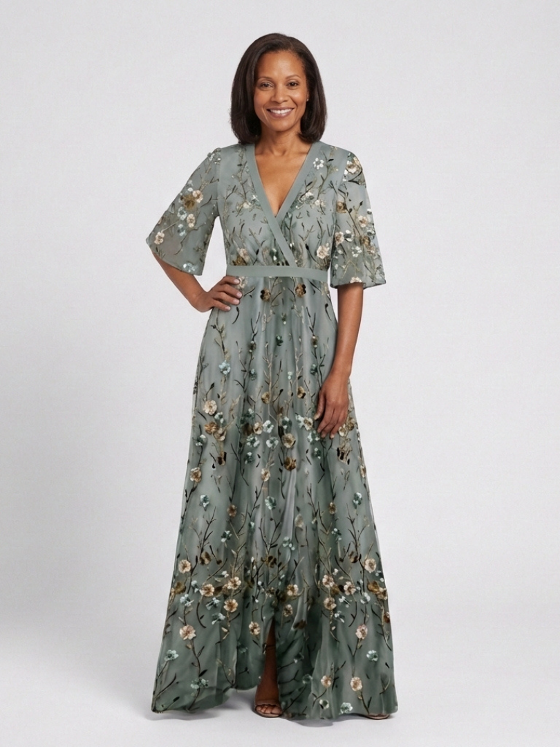Evadne™ | Vestido maxi floral de manga corta con escote en V