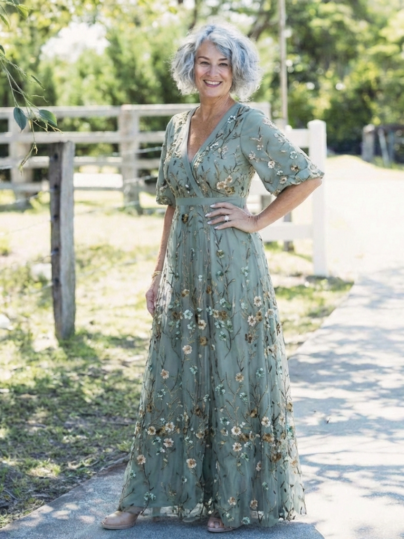Evadne™ | Vestido maxi floral de manga corta con escote en V