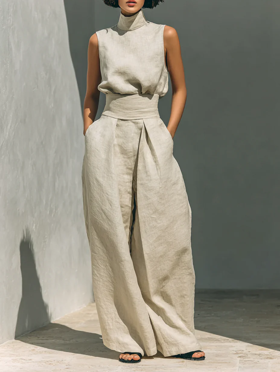 Aurora | Conjunto beige de dos piezas en algodón-lino con pantalón de pierna ancha