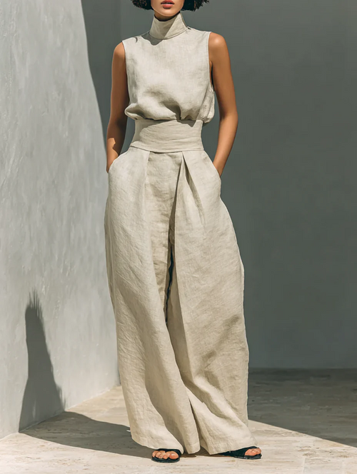 Aurora | Conjunto beige de dos piezas en algodón-lino con pantalón de pierna ancha