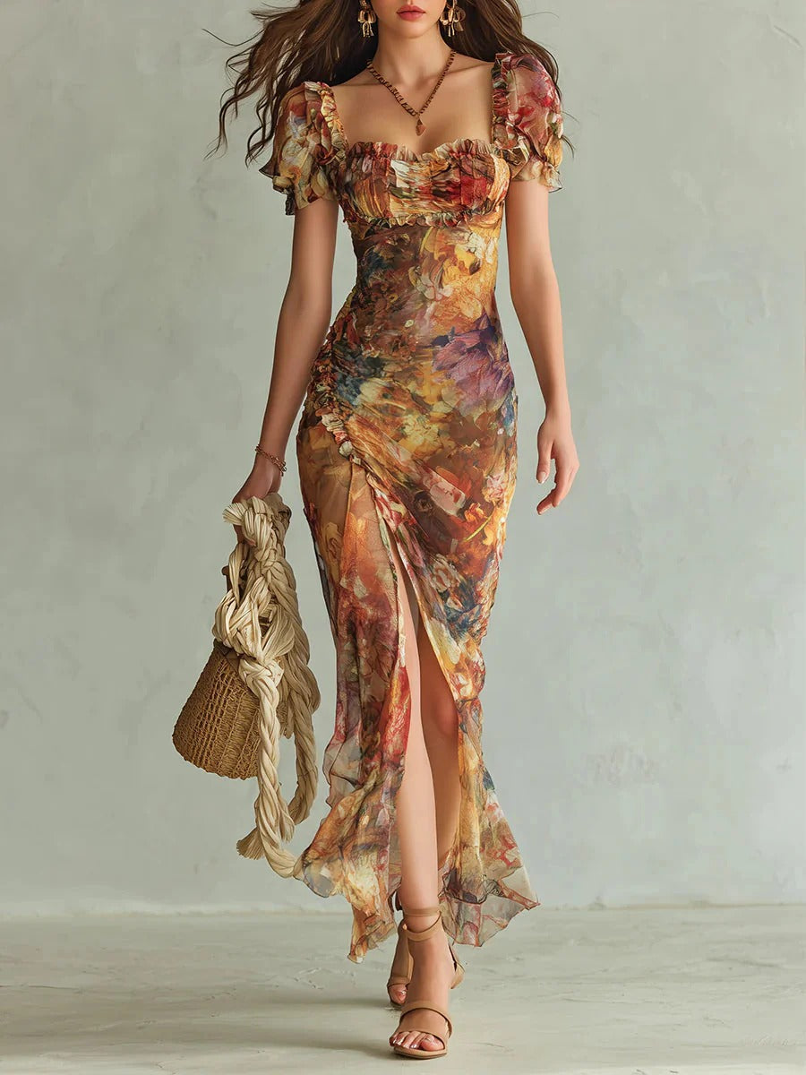 Marina | Vestido largo en chiffon naranja con estampado artístico estilo bohemio