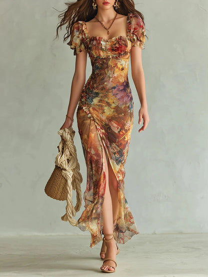 Marina | Vestido largo en chiffon naranja con estampado artístico estilo bohemio