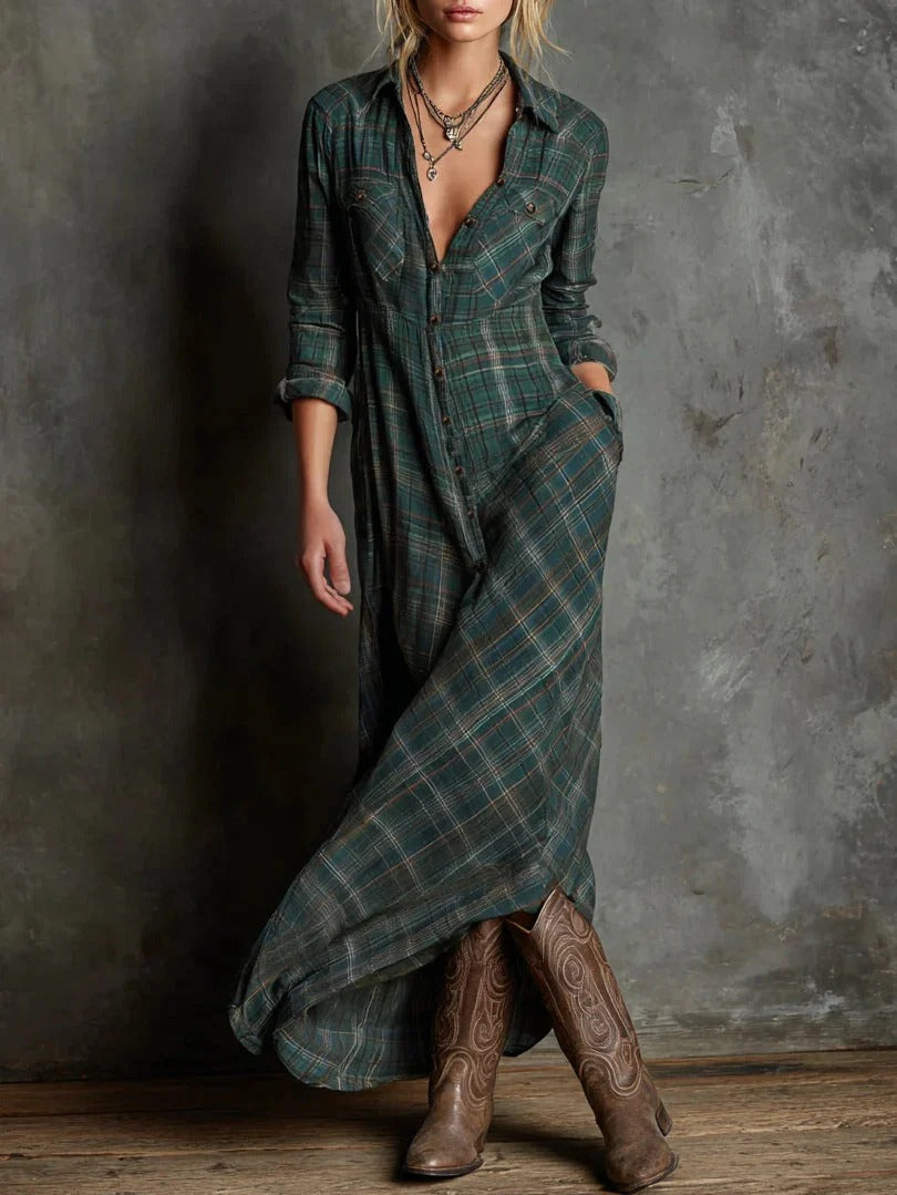 Paula | Vestido largo camisero con estampado de cuadros verdes