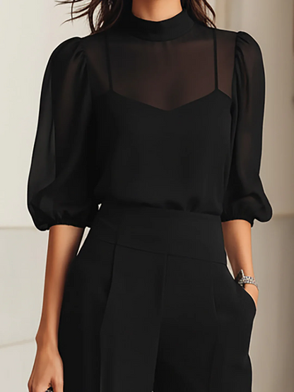Sara | Set negro de tres piezas con top transparente y pantalón de pierna ancha