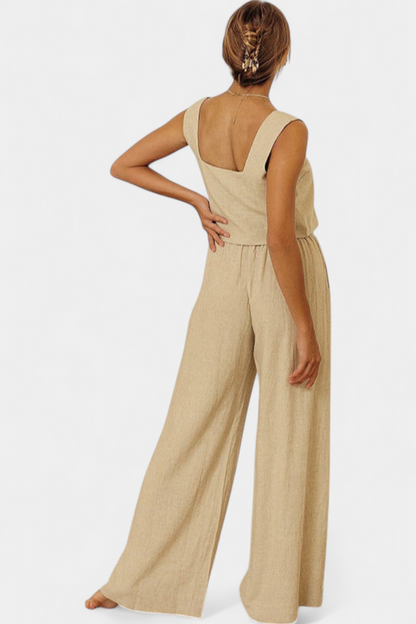 Pascuala Conjunto de Lino de Dos Piezas con Blusa sin Mangas y Pantalón Fluido