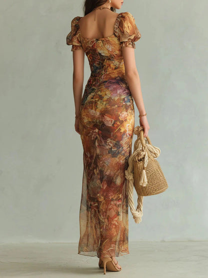 Marina | Vestido largo en chiffon naranja con estampado artístico estilo bohemio