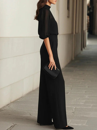 Sara | Set negro de tres piezas con top transparente y pantalón de pierna ancha