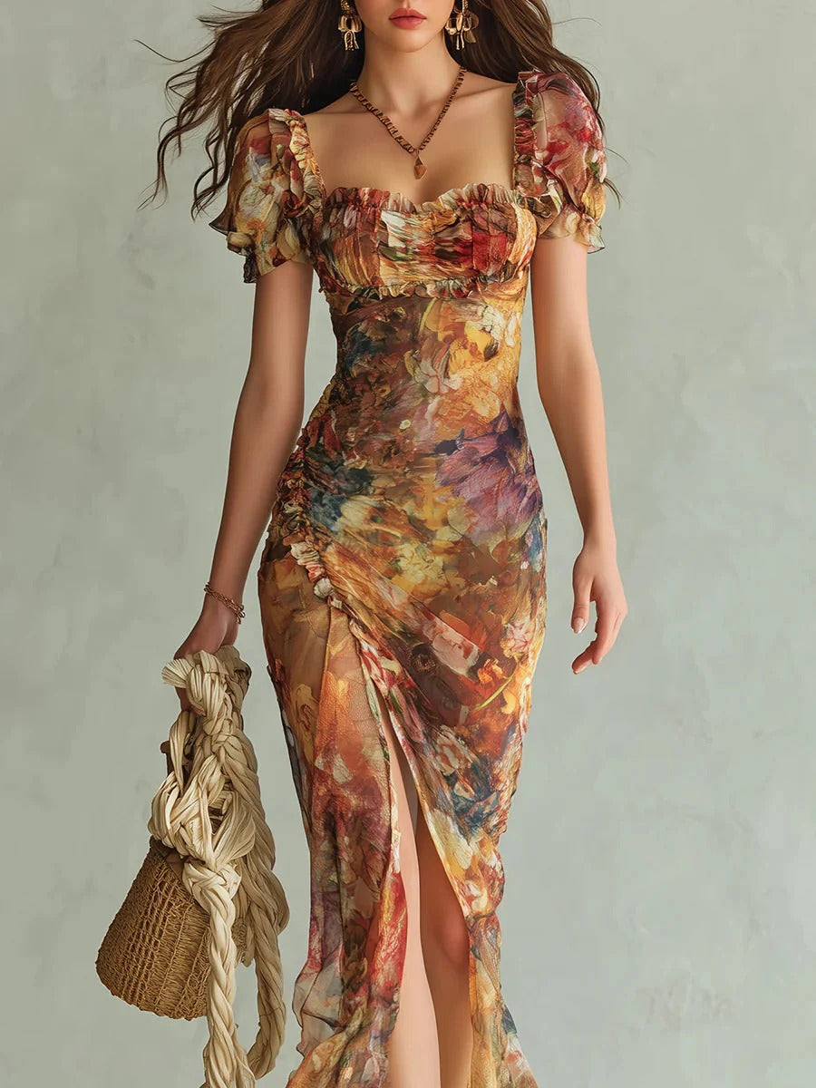 Marina | Vestido largo en chiffon naranja con estampado artístico estilo bohemio