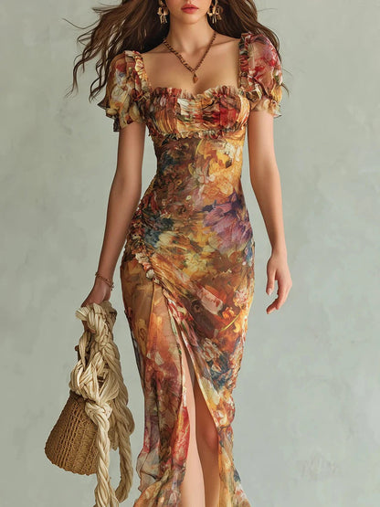 Marina | Vestido largo en chiffon naranja con estampado artístico estilo bohemio