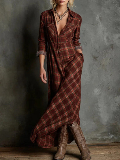 Paula | Vestido largo camisero con estampado de cuadros verdes
