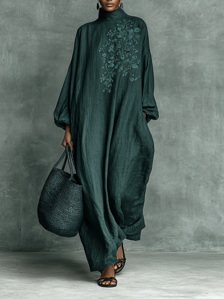 Leticia | Vestido maxi fluido con mangas largas y cuello semi alto