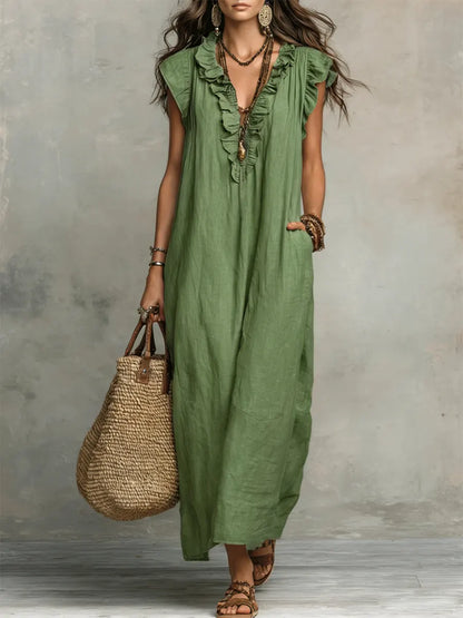 Noelia | Vestido casual de lino y algodón de color sólido con volantes para mujer
