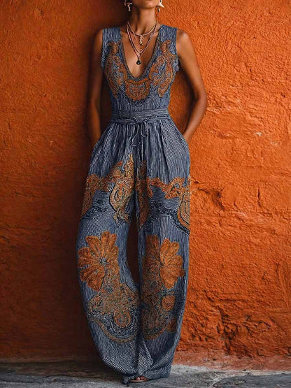Marisa | Mono de pierna ancha de algodón y lino con rayas retro, sin mangas y cuello en V para mujer