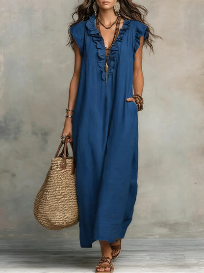Noelia | Vestido casual de lino y algodón de color sólido con volantes para mujer